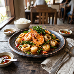 ผัดฉ่าทะเลรวม กุ้ง ปลาหมึก อาหารไทยรสเผ็ดจัดจ้าน